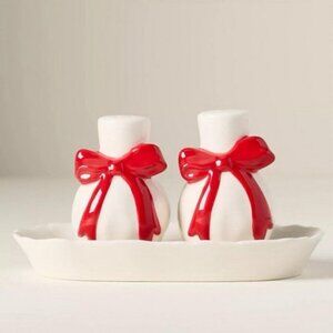 Anthropologie Benedita Stoneware Bow Salt & Pepper Shakers Red Ribbon Ivory New